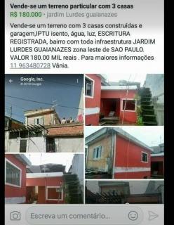 S&atilde;o Paulo: Vende-se um terreno com 3 casas constru&iacute;das e garagem Escritura Registrada IPTU isento 1